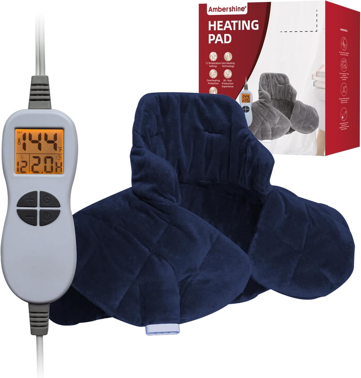 Ambershine weighted neck and shoulder heating pad front view showing navy blue plush fabric and ergonomic shape.
