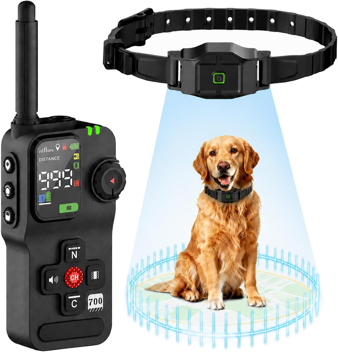 Astko GPS wireless dog fence and training collar front view featuring the digital transmitter screen.