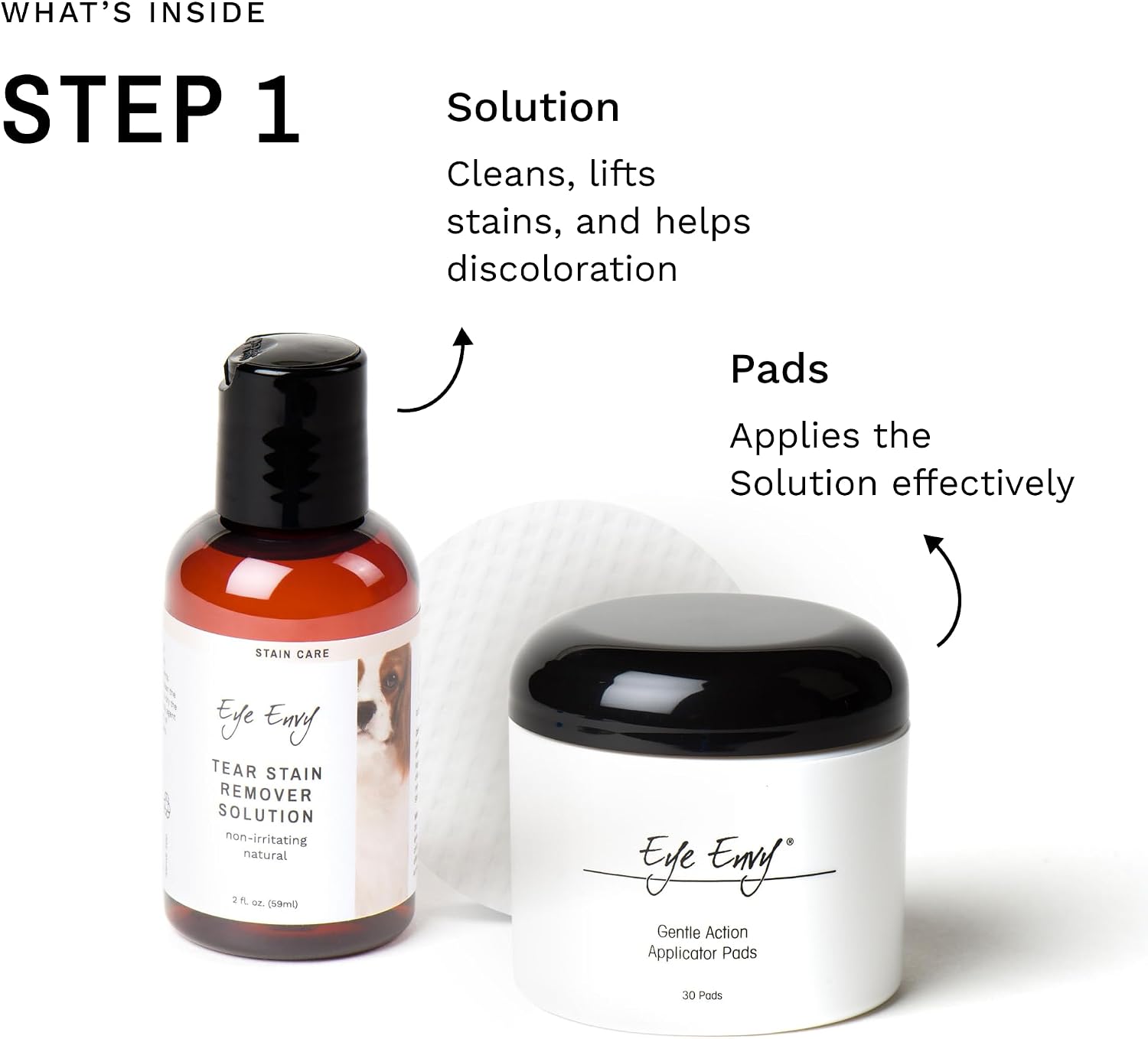 Natural tear stain solution bottle and powder jar from Eye Envy.