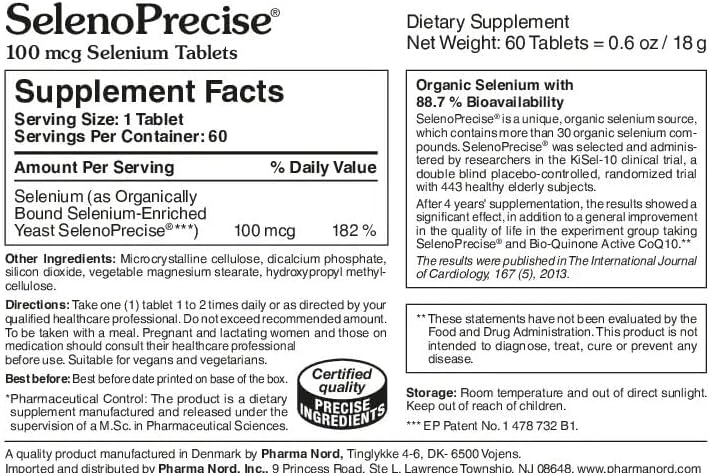 Pharma Nord Selenium 100mcg supplement bottle label showing product facts and ingredients list.