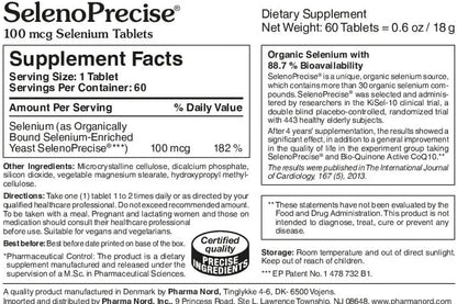 Pharma Nord Selenium 100mcg supplement bottle label showing product facts and ingredients list.