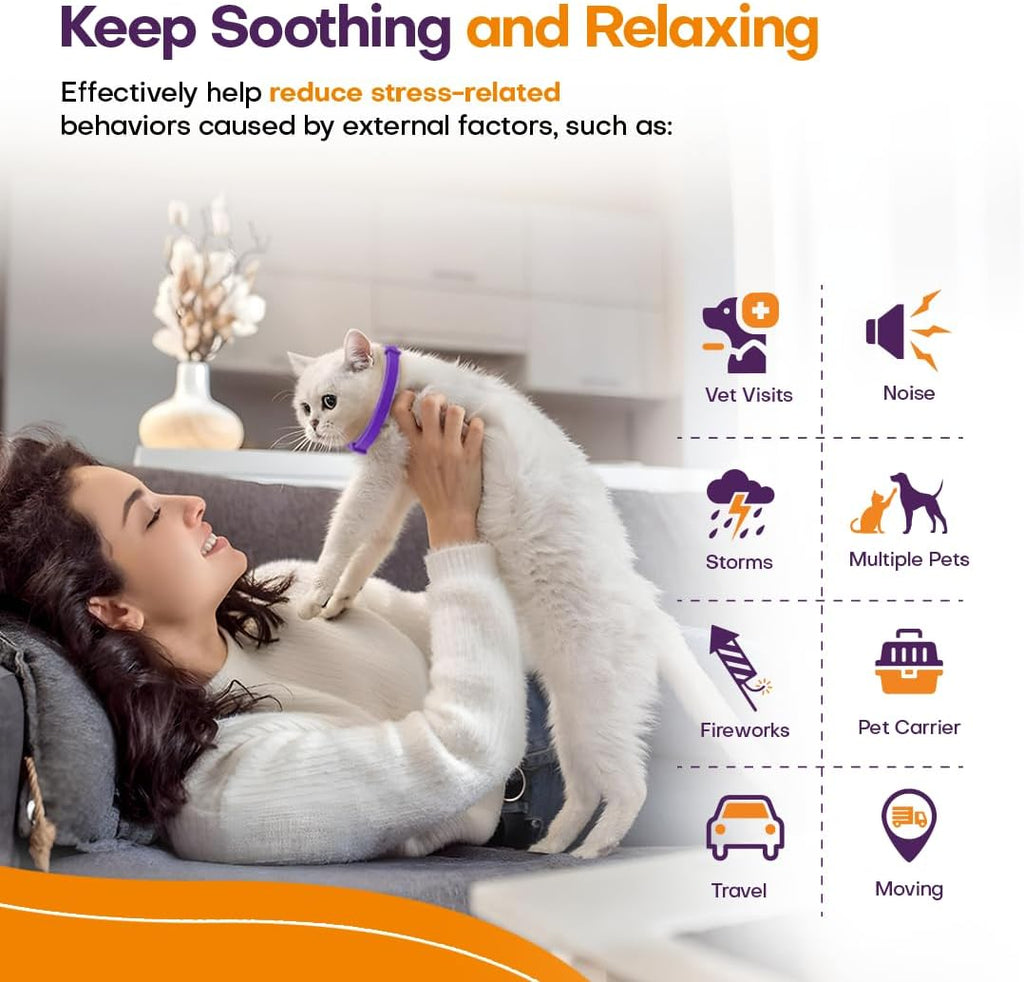 Adjustable purple pheromone collar for cats displayed alongside lavender flowers.