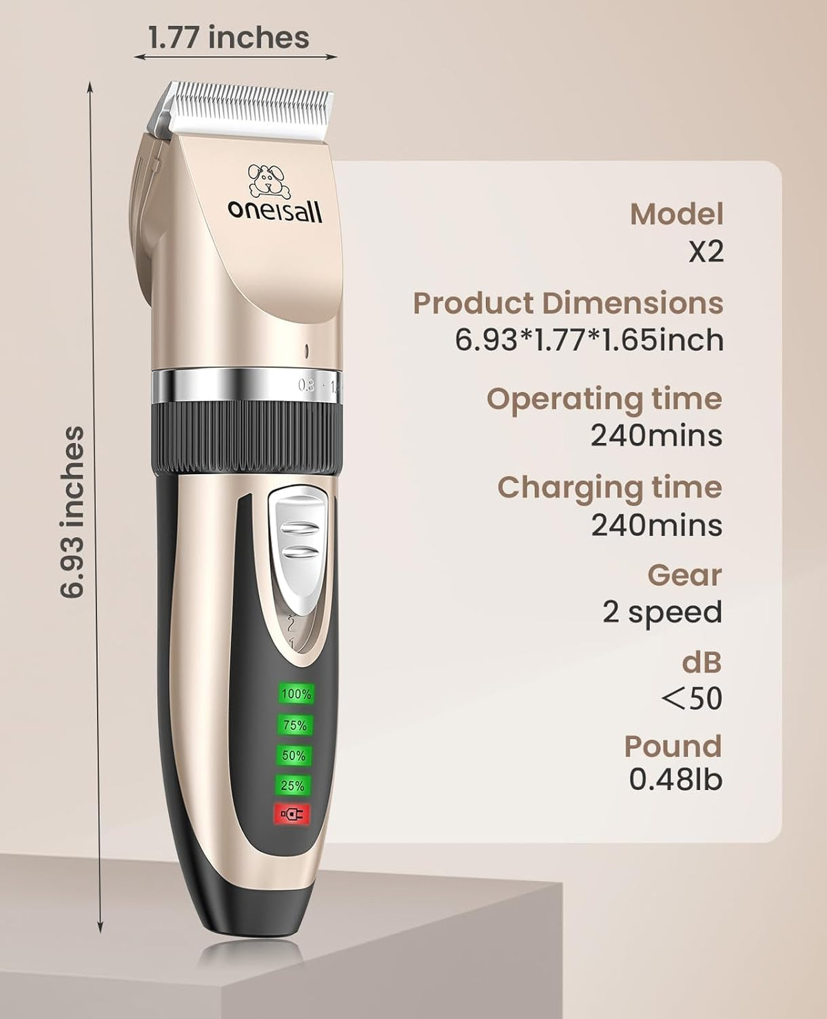 Oneisall heavy duty animal clippers showing charging port and included USB cable.