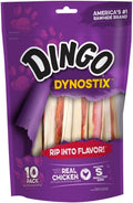 Dingo Dynostix Premium Rawhide Treats 10-count pack front view showing real chicken wrapped sticks