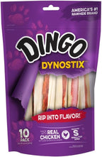 Dingo Dynostix Premium Rawhide Treats 10-count pack front view showing real chicken wrapped sticks