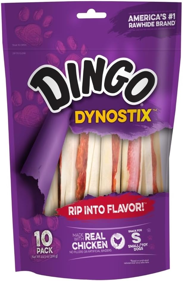 Dingo Dynostix Premium Rawhide Treats 10-count pack front view showing real chicken wrapped sticks