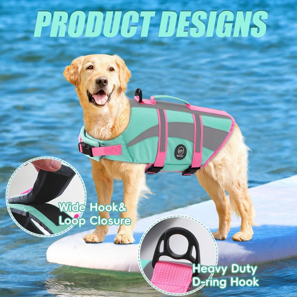 Close-up of the highly visible reflective strips and quick-release buckles on the dog life preserver.