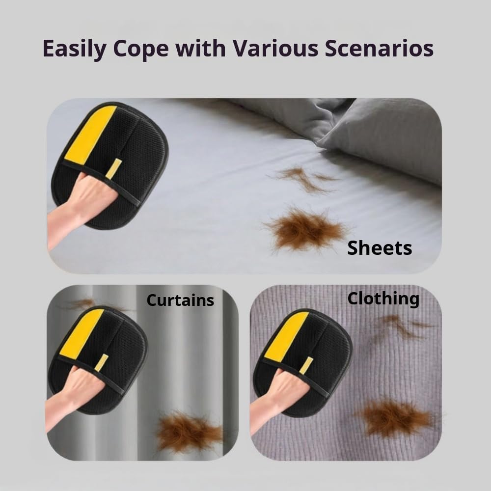 Five finger electrostatic pet hair remover mitt removing lint from clothing