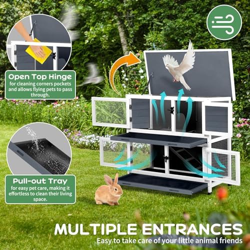 2 Story Solid Wood Rabbit/Bunny Hutch with 2 Large Main Rooms, Indoor Outdoor Rabbit House Guinea Pig Cage Pet House for Small Animals with Ventilation Door Removable Tray Waterproof Roof (Grey) - Image 5