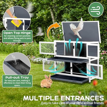 2 Story Solid Wood Rabbit/Bunny Hutch with 2 Large Main Rooms, Indoor Outdoor Rabbit House Guinea Pig Cage Pet House for Small Animals with Ventilation Door Removable Tray Waterproof Roof (Grey) - Image 5