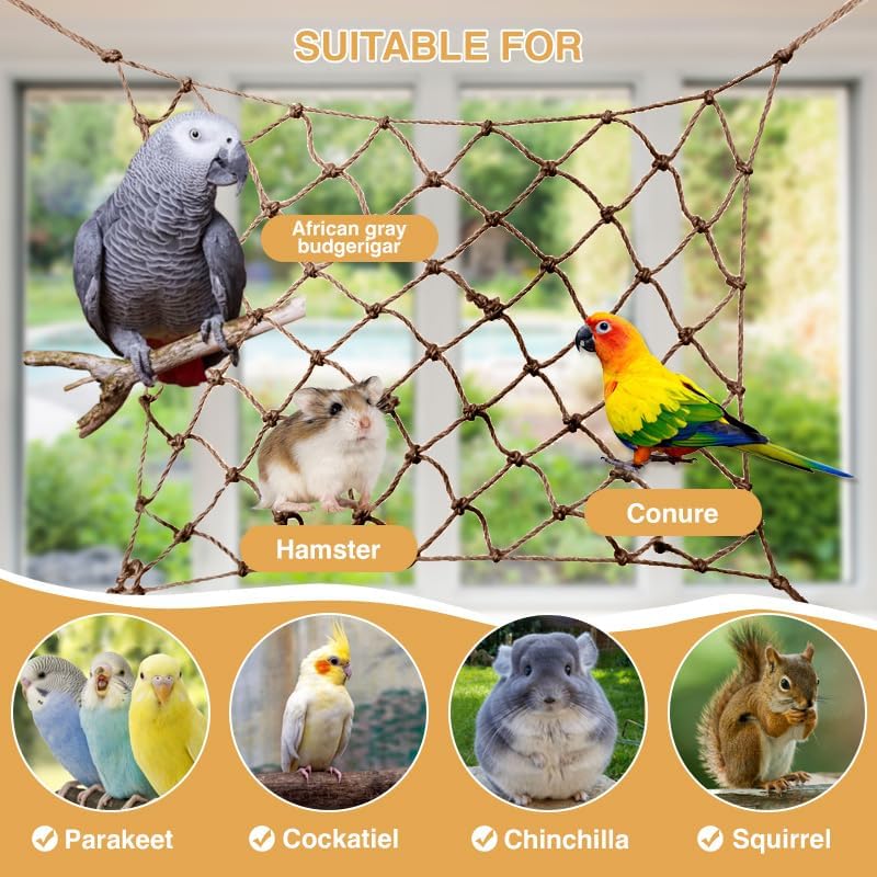 Bird interacting with a natural rope net toy