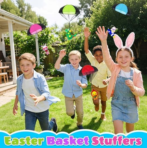 Tangle free simulation parachute landing toys being thrown high into the air by children outdoors.