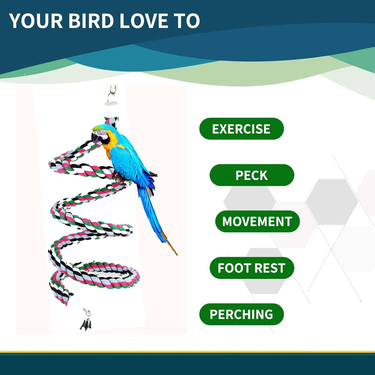94.4inch Length Colorful Cotton Bendable Rope Perch Swing Bird Chew Toys Amazon Parrots Cage Toys with Bell Swing Climbing Standing Bungee Bird Toys for Regular to Big Size Birds - Image 4