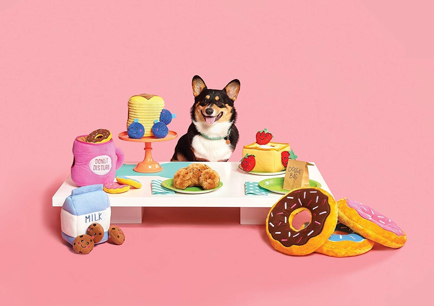 Medium-sized dog pulling a plush squeaky cookie out of the ZippyPaws Burrow carton toy.