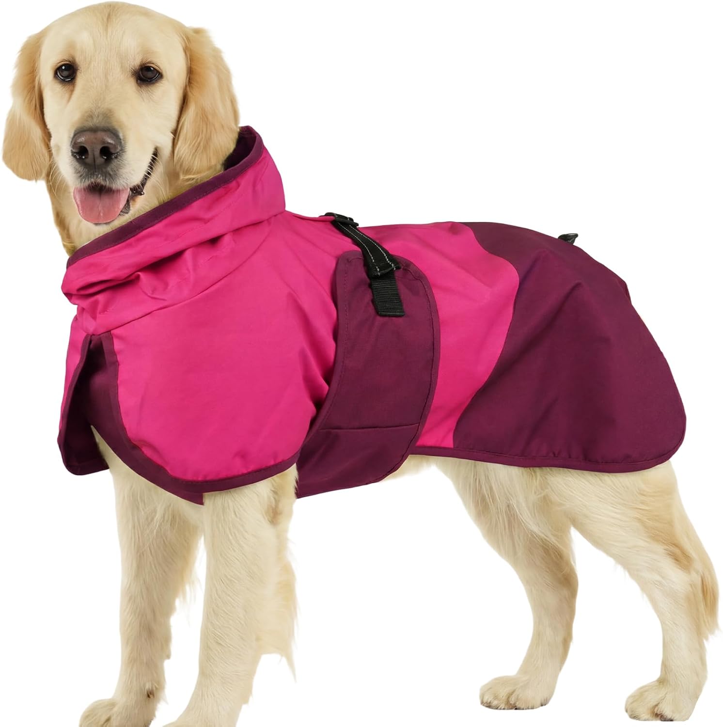 BRKURLEG Dog Raincoat front view of rose red waterproof jacket on large dog