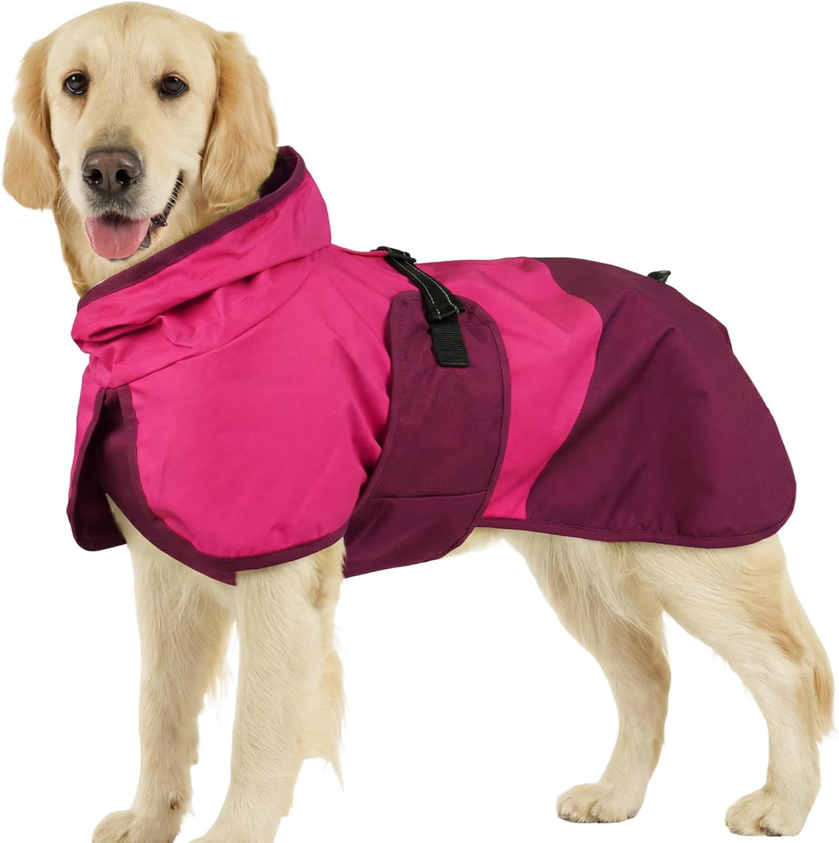 BRKURLEG Dog Raincoat front view of rose red waterproof jacket on large dog