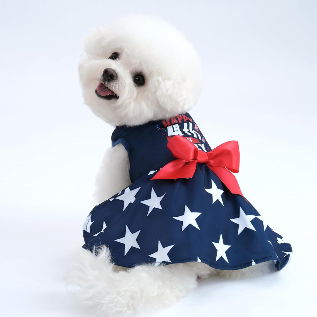 XPUDAC fourth of july dog dress front view showing blue star pattern and red bow decoration