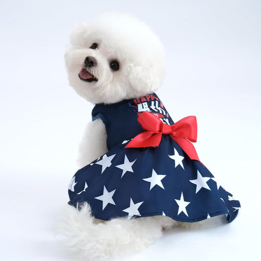 XPUDAC fourth of july dog dress front view showing blue star pattern and red bow decoration