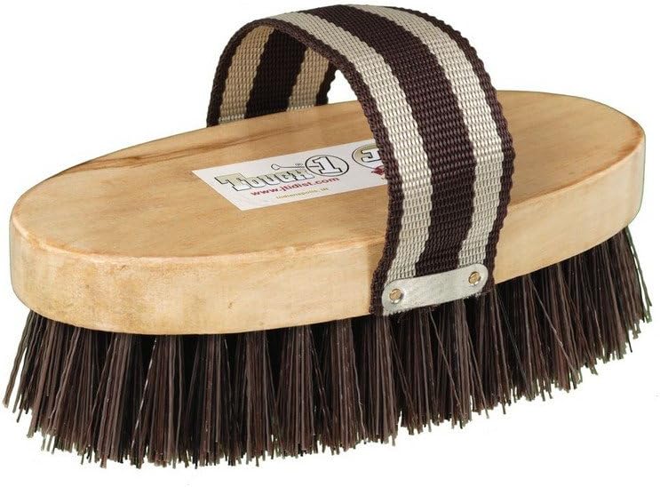 Tough 1 horse grooming brush front view showing stiff synthetic palmyra bristles