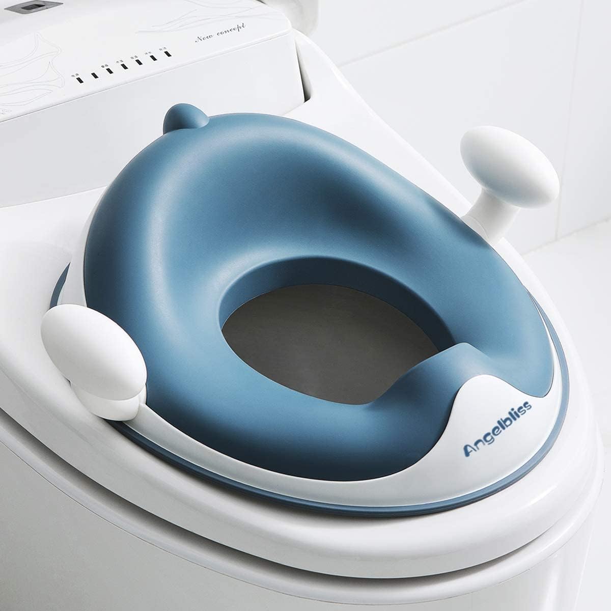 Angelbliss baby potty training toilet seat in blue front view on adult toilet