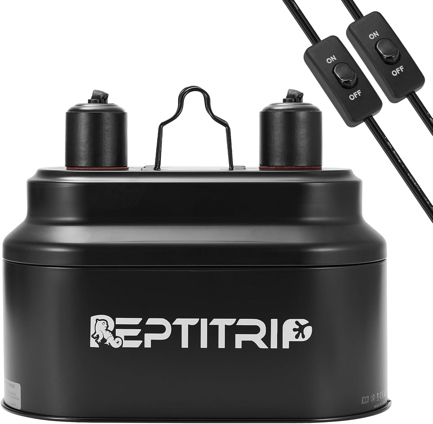REPTITRIP dual reptile light fixture front view showing double dome design and independent switches for terrarium lighting