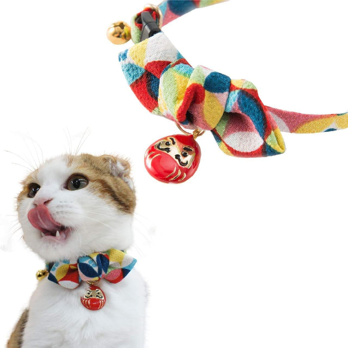 Necoichi Daruma Charm Bow Tie Cat Collar front view showcasing red Japanese kimono print and bow tie.