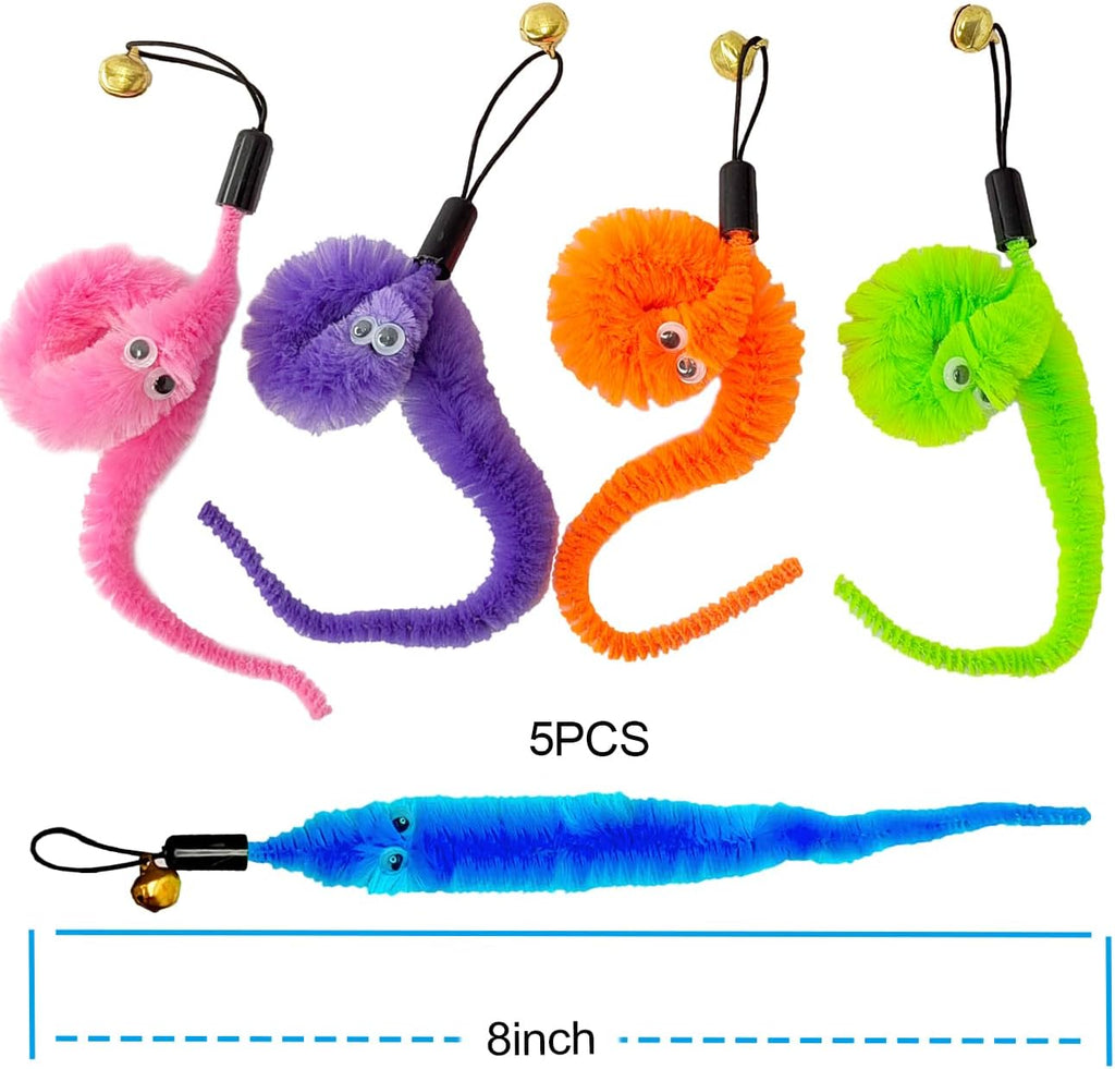 Playful kitten swatting at the dangling colorful caterpillar attachment connected to the extension wand.