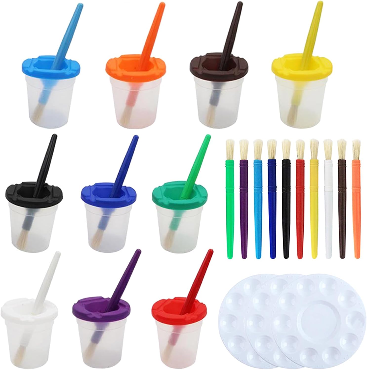 Kifmurase no spill paint cups with lids and brushes set front view featuring colorful airtight containers for kids art projects