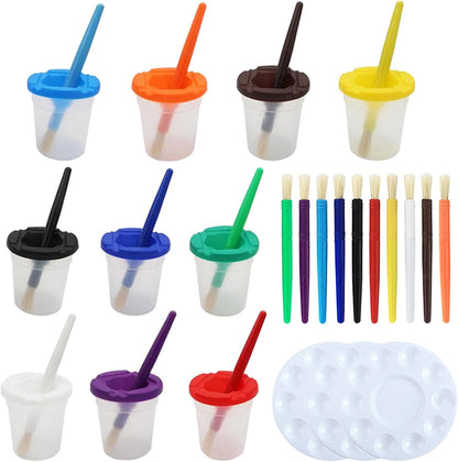 Kifmurase no spill paint cups with lids and brushes set front view featuring colorful airtight containers for kids art projects