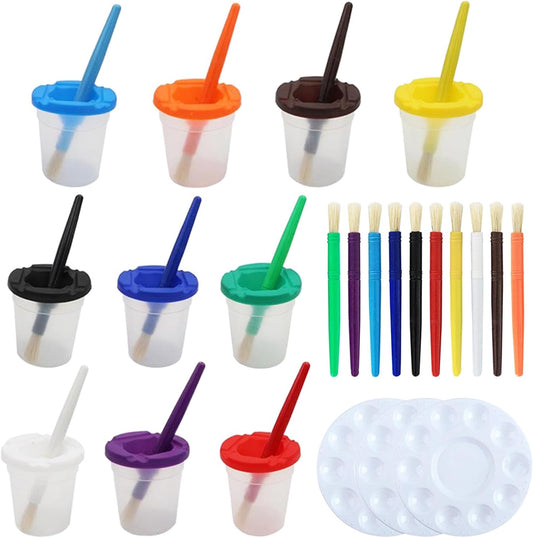 Kifmurase no spill paint cups with lids and brushes set front view featuring colorful airtight containers for kids art projects