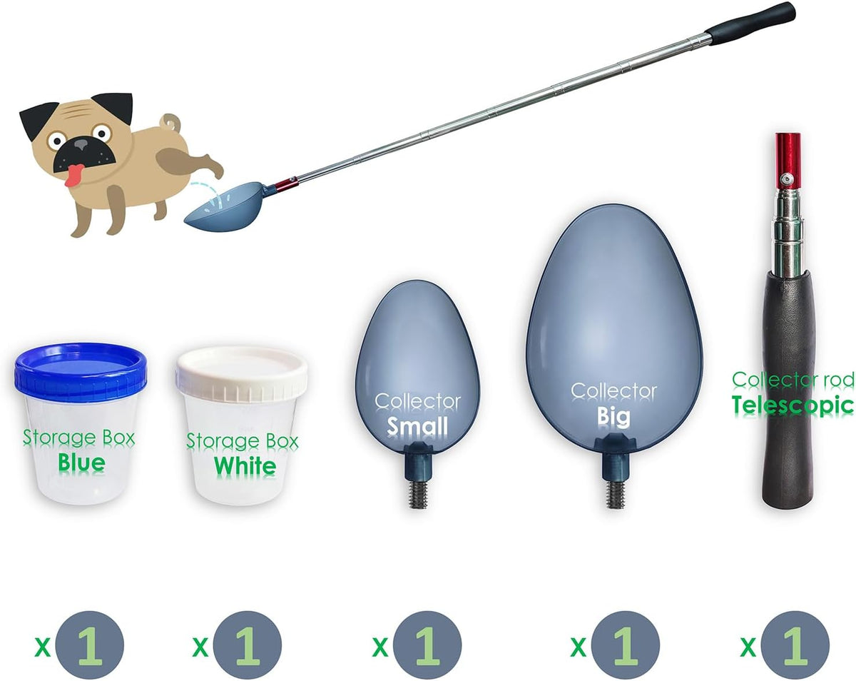 QMARK cat pee stick tool showing the blue collection spoons and cups