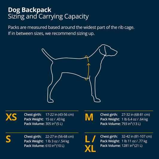 Side angle of the medium size Ruffwear dog backpack showing the radial-cut saddlebag layout.