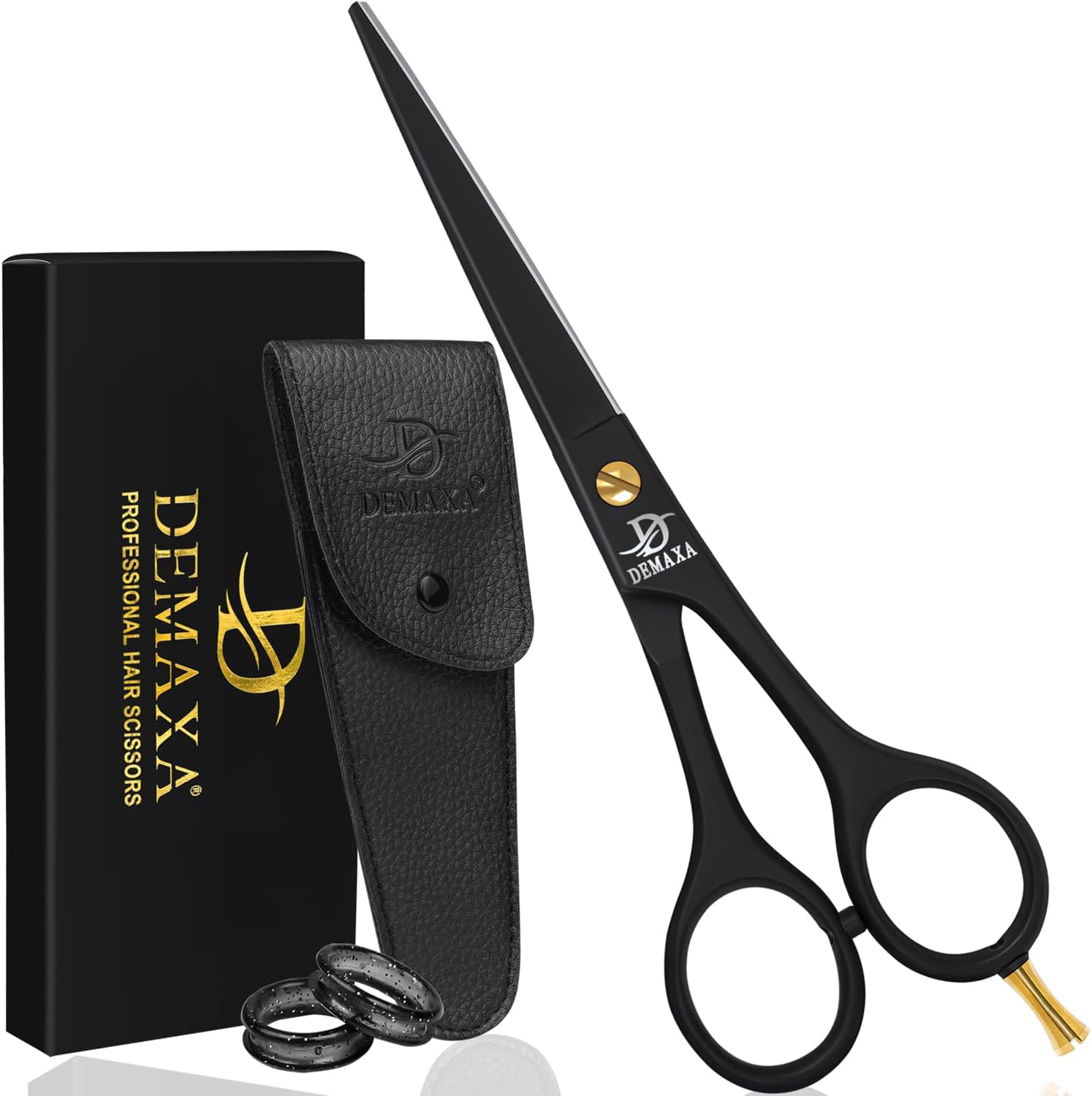 Arainchy Demaxa professional hair scissors front view showcasing matte black blades and finger rings.