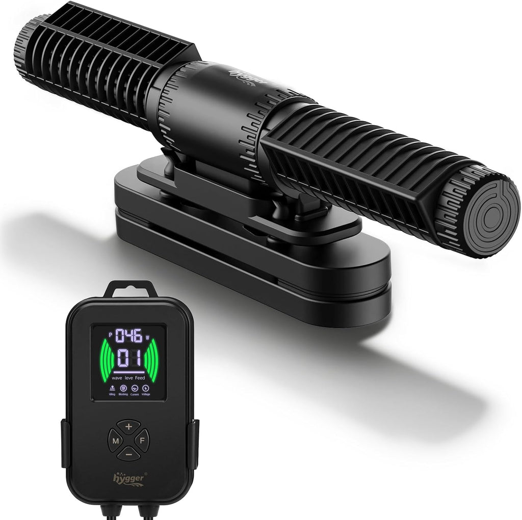 Hygger Aquarium Crossflow Wave Maker front view showing sleek black design inside a reef tank.