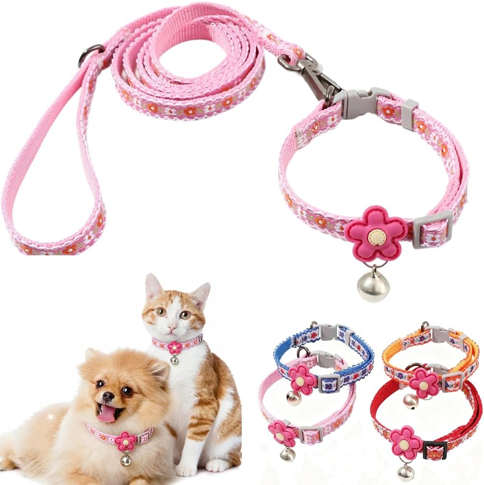 Weimostar pink floral extra extra small dog collar and leash set front view featuring premium nylon webbing