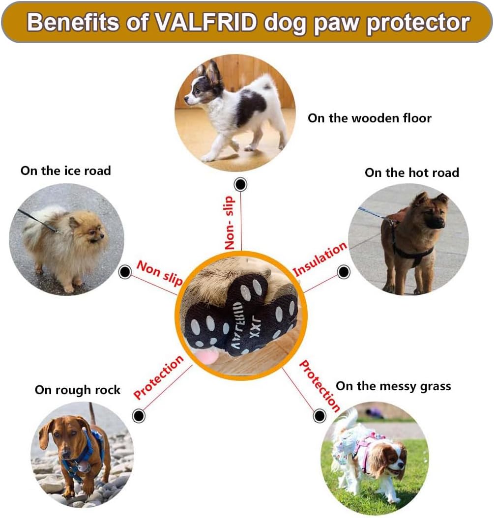 Dog wearing Valfrid self-adhesive paw protectors on hardwood