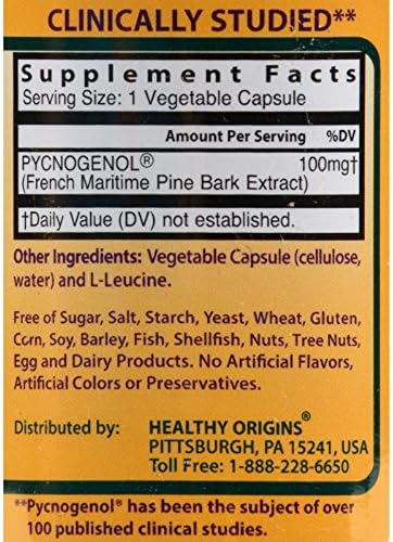 Side view of Healthy Origins Pycnogenol dietary supplement bottle highlighting the non-GMO and soy free certification labels