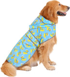 HDE clear hood pet rain gear worn by a large breed canine during outdoor monsoon conditions.