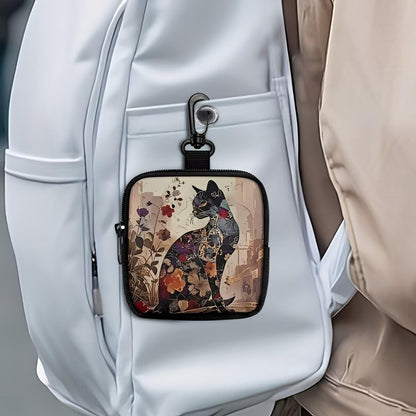 Secure zipper closure of the floral black cat snack pouch