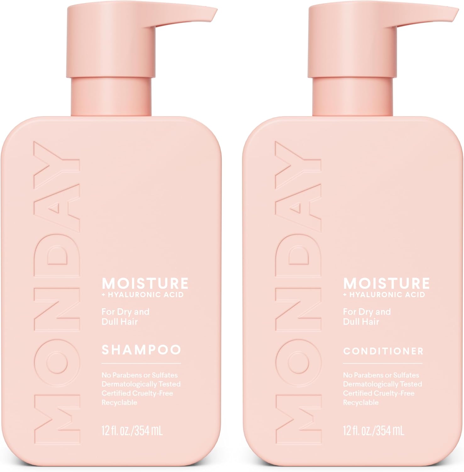 Monday Haircare Moisture Shampoo and Conditioner bottle set front view for frizzy hair treatment