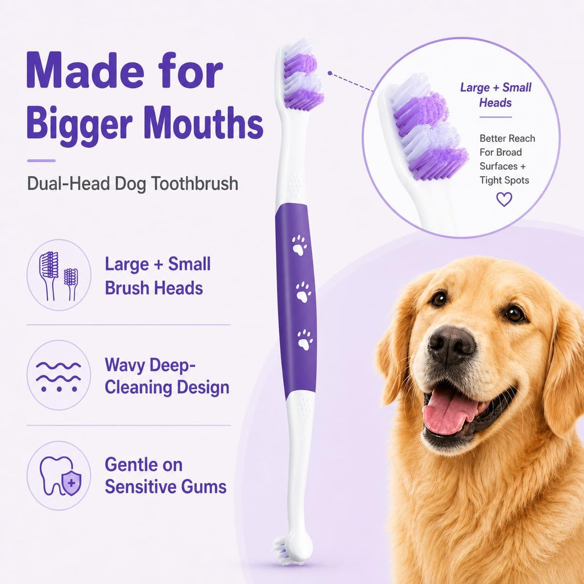 VVHOMIFE dual head pet toothbrush displaying the wavy large head and precision small brush head design