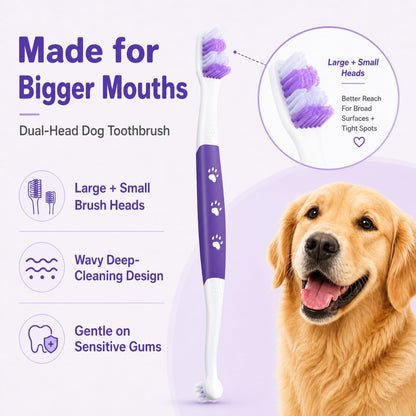 VVHOMIFE dual head pet toothbrush displaying the wavy large head and precision small brush head design