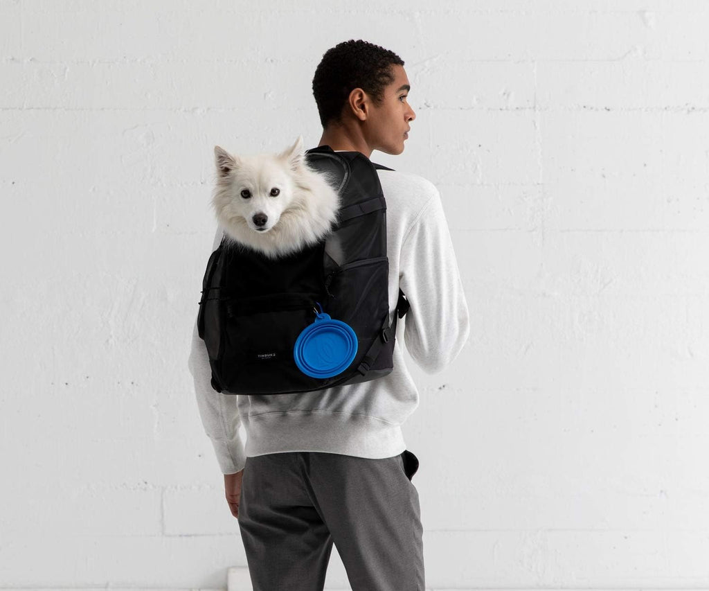 Timbuk2 imported luxury pet backpack showing the included food grade collapsible travel bowl