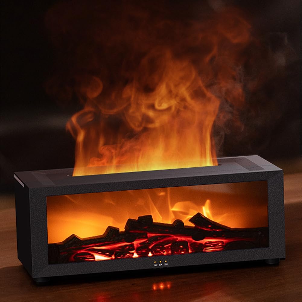 SENMUL Fireplace Flame Essential Oil Diffuser front view in black showing orange flame effect.