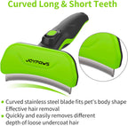The protective safety blade cover securely attached to the green pet deshedding tool