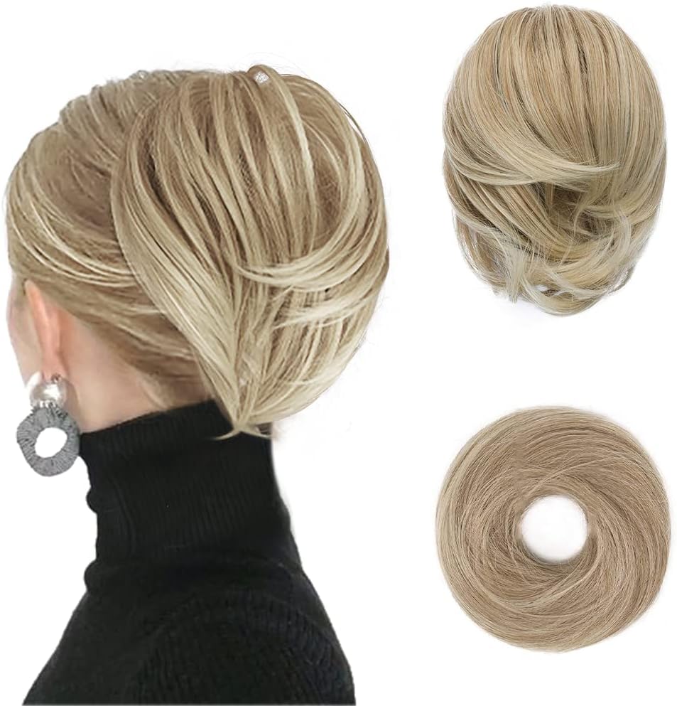 BARSDAR Straight Hair Bun Extension front view showing light ash blonde mix synthetic fibers