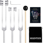 HOSDFOIER tuning forks healing set front view displaying three silvery frequency instruments with reflex hammer