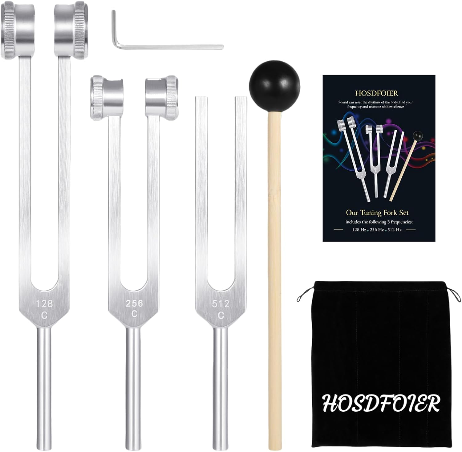HOSDFOIER tuning forks healing set front view displaying three silvery frequency instruments with reflex hammer
