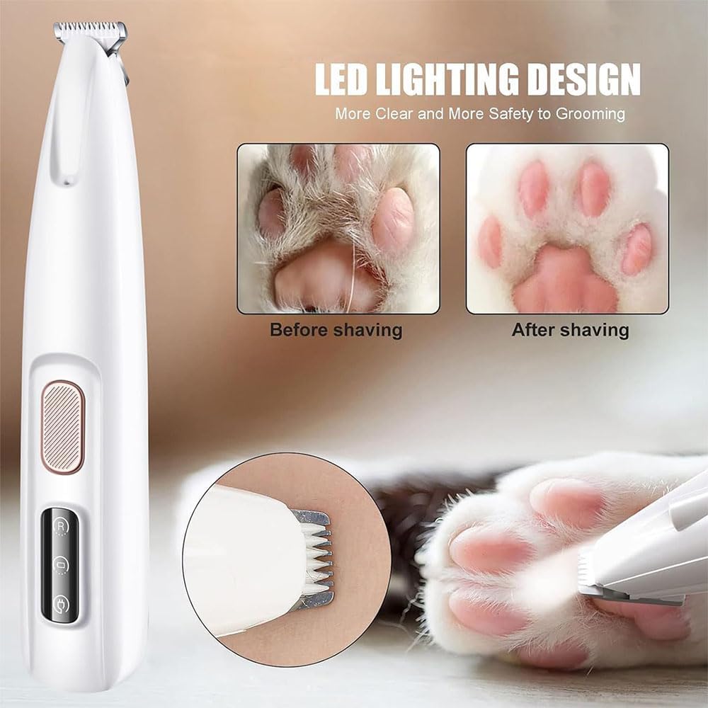 Quiet electric cat paw hair trimmer with built-in LED light showing precision blade.
