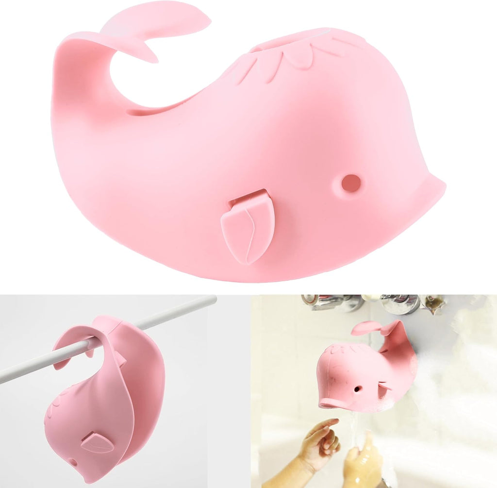 Kilomon bath spout cover front view showcasing the pink whale design on a bathtub faucet
